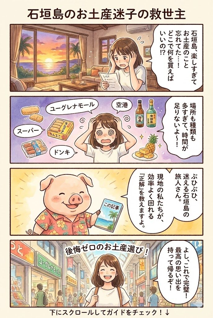 沖縄石垣島旅行でお土産購入を効率よく回るための4コマ漫画