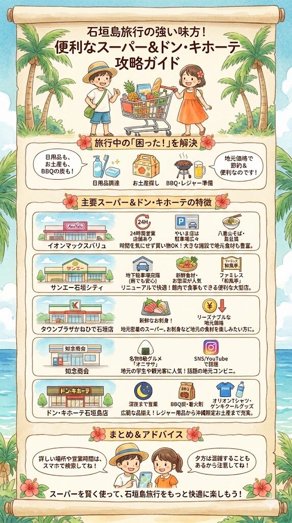 【タイトル】 石垣島旅行の強い味方！便利なスーパー＆ドン・キホーテ攻略ガイド

【画像概要】 10歳の男の子と女の子がガイド役となり、石垣島旅行中に役立つスーパーマーケットとドン・キホーテの特徴を、温かみのある水彩画風のイラストで解説する縦長のインフォグラフィック。

【内容の詳細】

イントロダクション: * 「旅行中の『困った！』を解決」という見出しとともに、日用品の調達、お土産探し、BBQ・レジャー準備が地元価格で節約しながら行えるメリットを紹介。

主要店舗の特徴:

イオンマックスバリュ: 24時間営業店舗あり。駐車場が広く、八重山そばや島豆腐などの地元食材も豊富。

サンエー石垣シティ: リニューアルで快適。地下駐車場完備。新鮮な食材やお惣菜が人気で、ファミレス「和風亭」も併設。

タウンプラザかねひで石垣店: 地元密着型でリーズナブル。特に新鮮なお刺身がおすすめ。

知念商会: SNSで話題のB級グルメ「オニササ」が名物の地元コンビニ。

ドン・キホーテ石垣島店: 深夜まで営業。BBQ用の炭・着火剤から、オリオンTシャツやゲンキクールグッズまで幅広い品揃え。

まとめとアドバイス: * 「詳しい場所や営業時間はスマホで検索してね！」「夕方は混雑することもあるから注意してね！」というキャラクターのアドバイス。

結び: * 「スーパーを賢く使って、石垣島旅行をもっと快適に楽しもう！」というメッセージ。