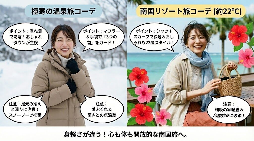 冬の時期の極寒の旅行コーデと南国でのリゾートコーデの違いを画像で表現