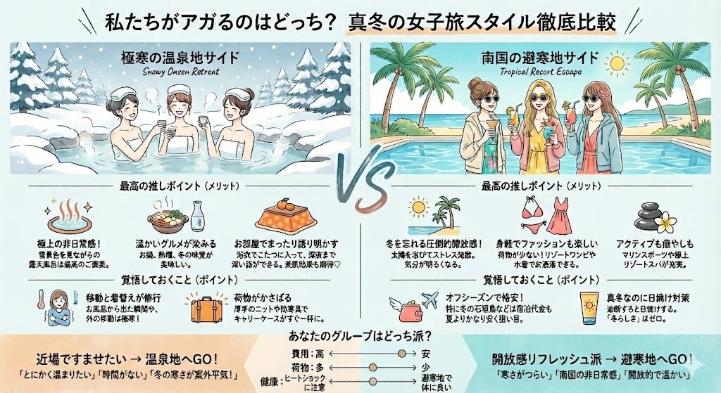 冬の女子旅で、近場の温泉地に行くべきか、南国の避寒地に行くべきかの比較のイメージ図解