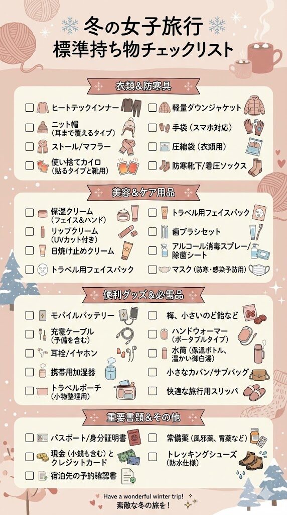 冬の女子旅行 標準持ち物チェックリストをかわいいインフォグラフィックで表現
