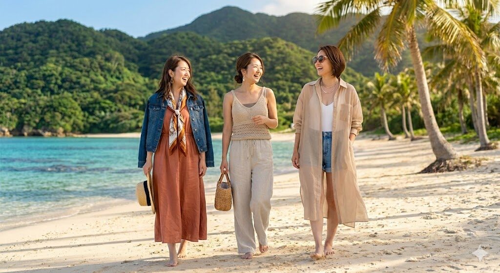 冬の女子旅を石垣島で楽しむかわいい女性たち。