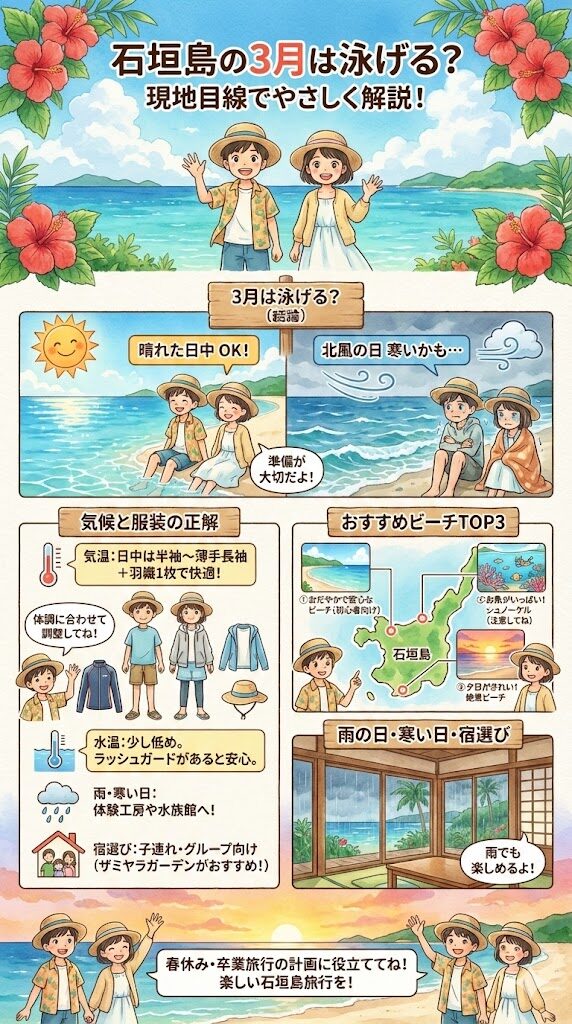 3月の石垣島は泳げる?(条件と体感)
気温・海水温・晴天率と服装の正解
3月でも楽しめるビーチTOP3とアクティビティ
雨の日の代替案と、宿選びのポイント(子連れ・グループ向け)