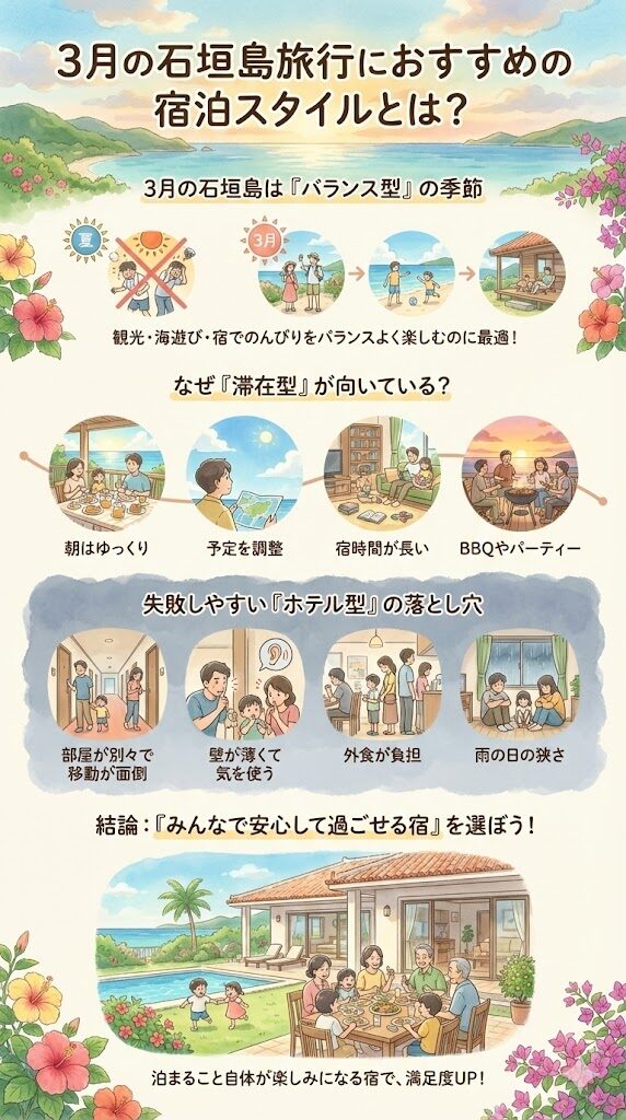 3月の石垣島旅行におすすめの宿泊スタイルを表現したインフォグラフィック画像