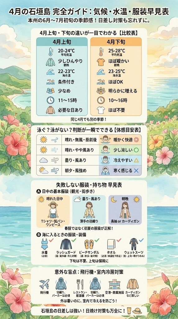 4月の石垣島の気温・水温の目安をわかりやすく図解したインフォグラフィック