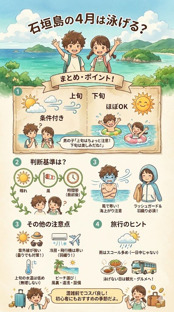 石垣島の4月は泳げるかどうかの記事のまとめの図解