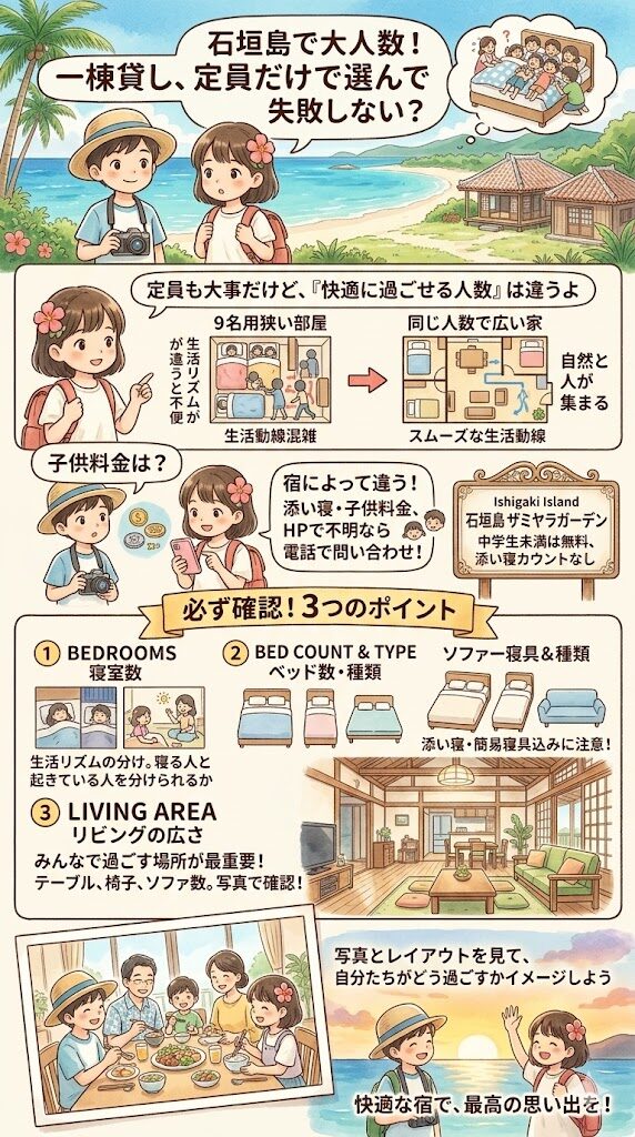 石垣島の一棟貸しを大人数で選ぶとき、定員だけでは足りない理由を示した図解