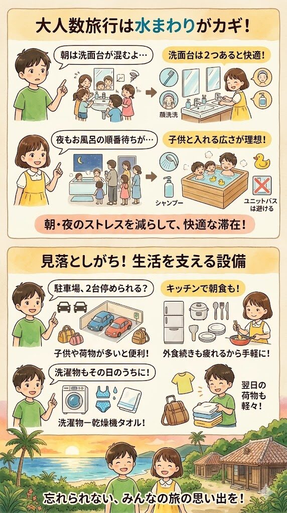 石垣島大人数旅行では、トイレ・浴室・洗面の数で快適さが大きく変わるし、駐車場・キッチン・洗濯乾燥機も大人数旅行では重要なのを示した図