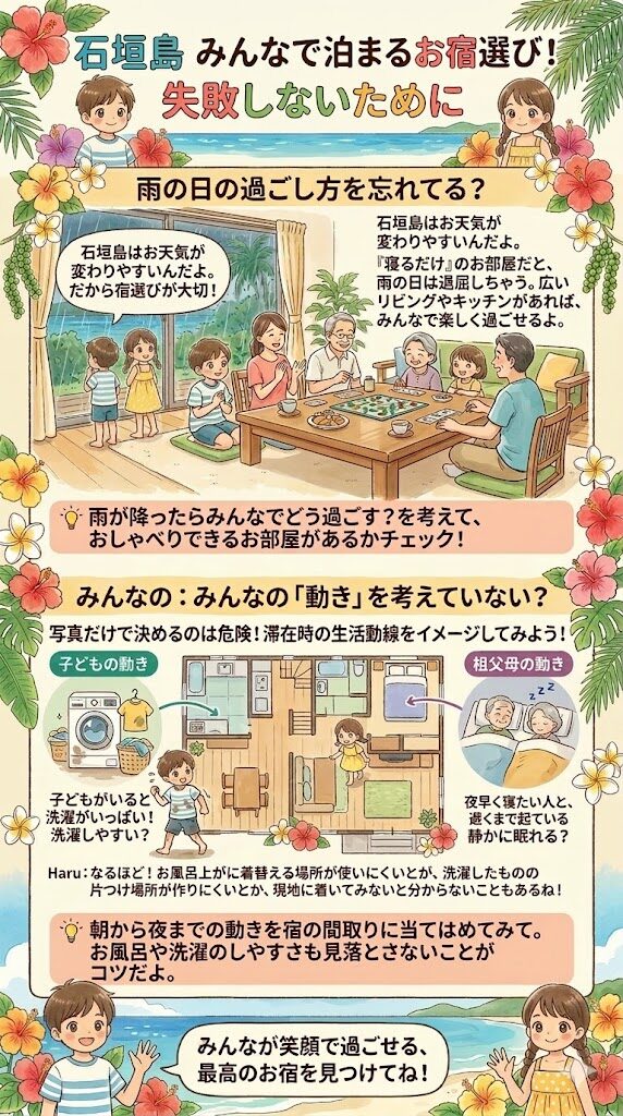 雨の日の過ごし方を考えずに決めてしまう失敗、子連れや三世代旅行なのに、生活動線を見ていない失敗の図解