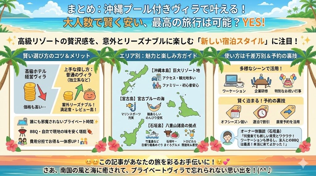 沖縄のプール付きヴィラを大人数で旅行したい方の為に、新しい宿泊スタイルを図解