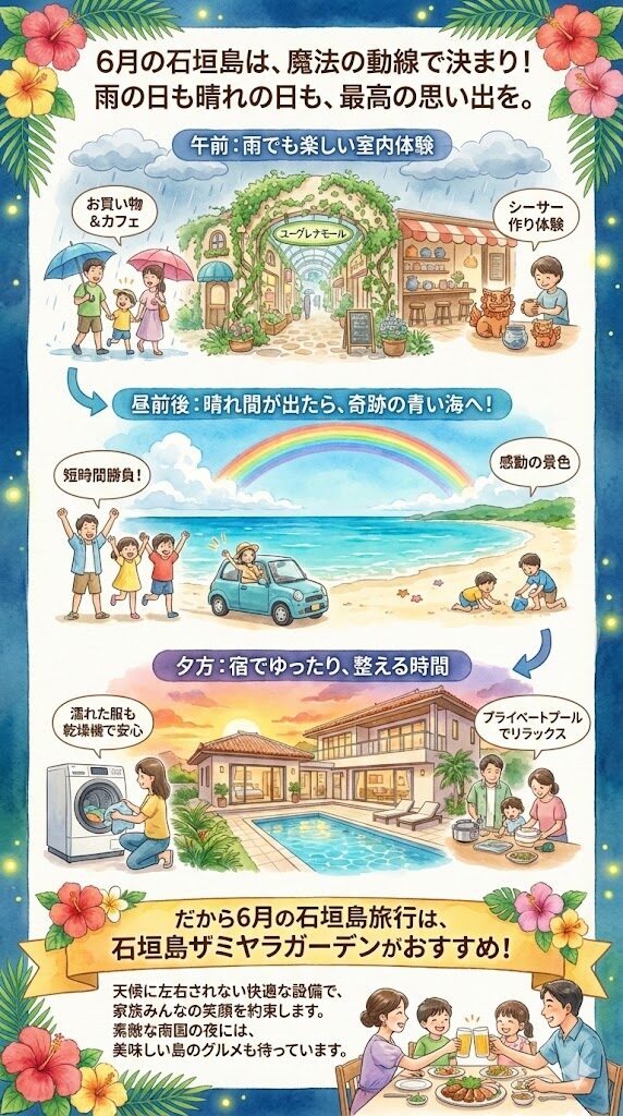 6月の石垣島の過ごし方をユーグレナモールや虹のドライブやプール付きヴィラをいれて表現した図