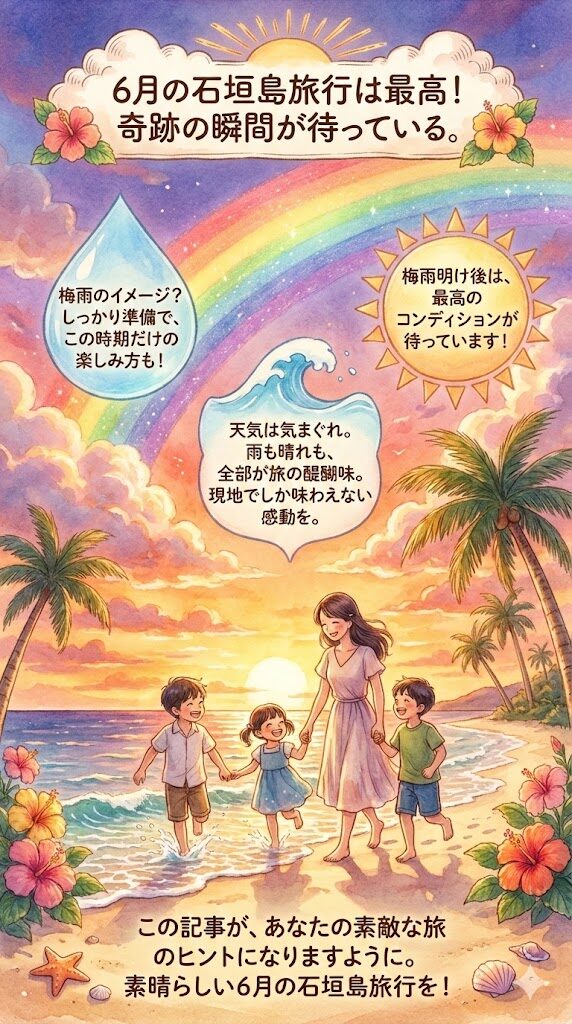 夏になったばかりの6月の石垣島の夕焼けの虹が見えるビーチを家族が散歩している素敵な絵