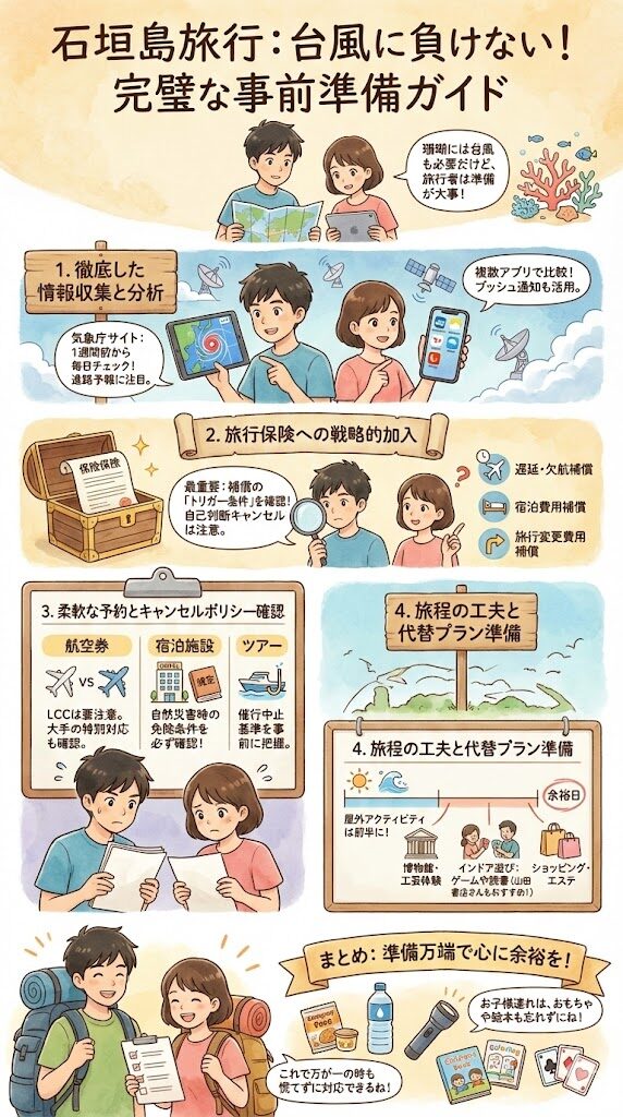 石垣島旅行前の万全準備：情報収集・保険・予約のポイントの図解