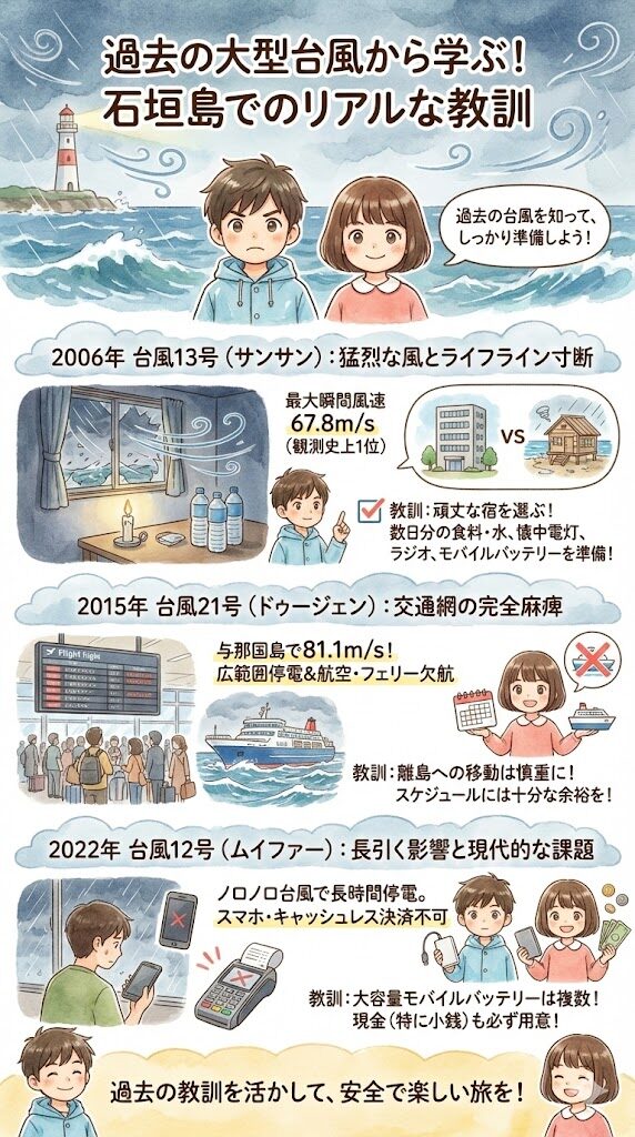 過去の大型台風事例から学ぶ　　石垣島でのリアルな影響と教訓の図解