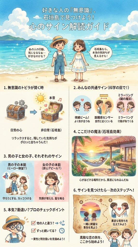 【恋愛心理学】好きな人にとる無意識の行動15選｜石垣島で確かめる、あの人の本当の気持ちの図