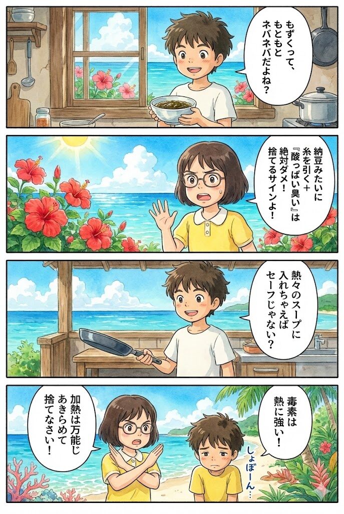 もずくの最も重要な「腐敗のサイン」と「加熱への過信」についての4コマ漫画