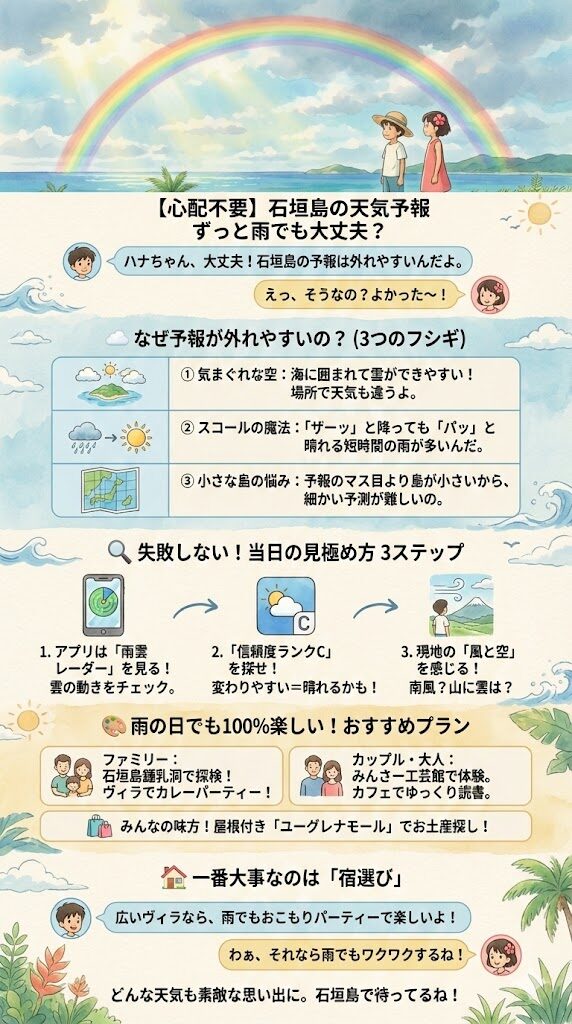 素敵な南国の石垣島旅行で、雨の日でも楽しめるかどうかのわかりやすい図解