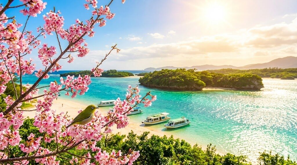 1月下旬の石垣島で咲く緋寒桜とエメラルドグリーンの川平湾の風景