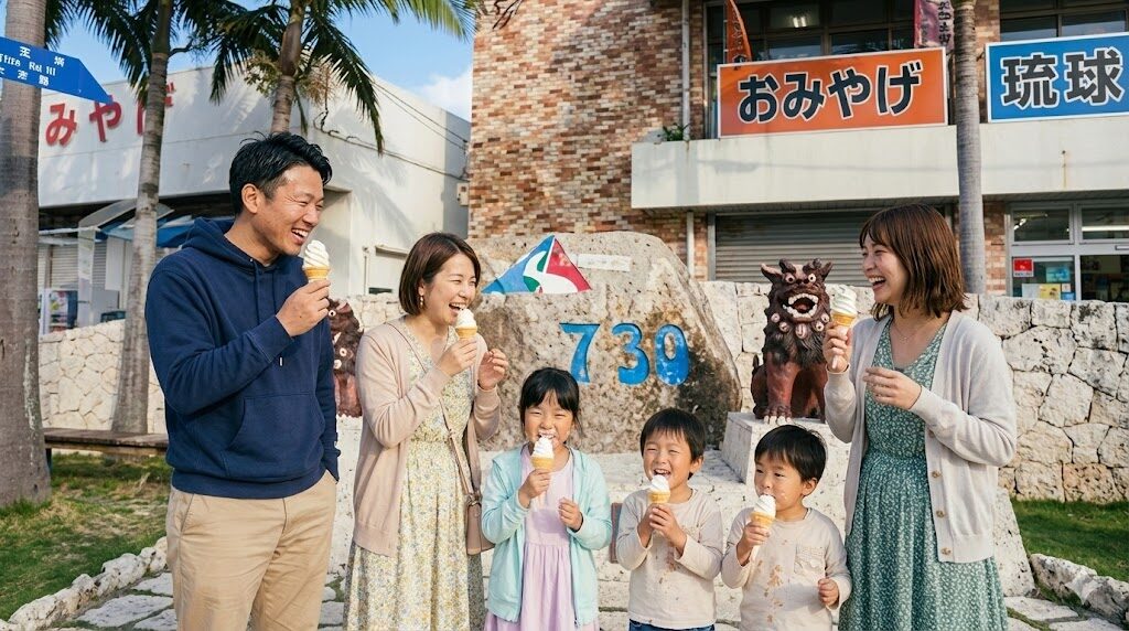 1月の石垣島の730交差点でアイスを食べる旅行者家族