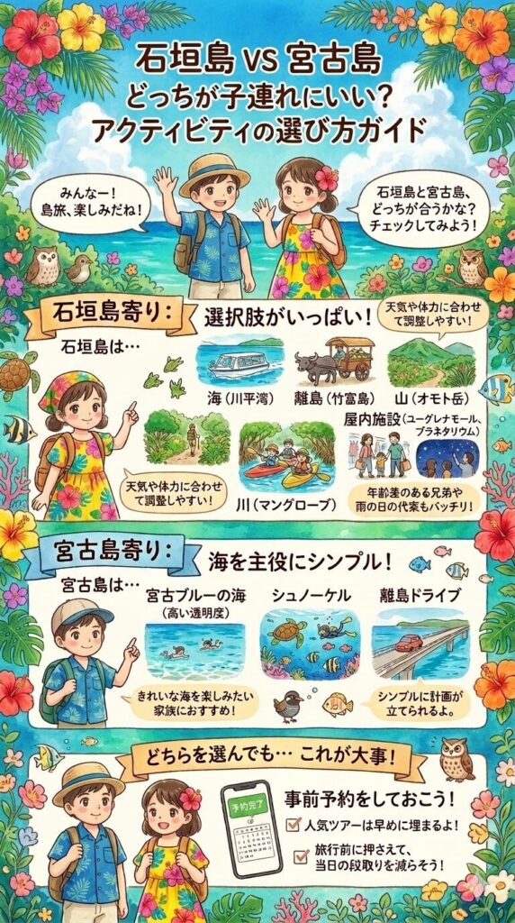 アクティビティの選びやすさ、石垣島と宮古島のどっちが子連れ向き？を表現した図解