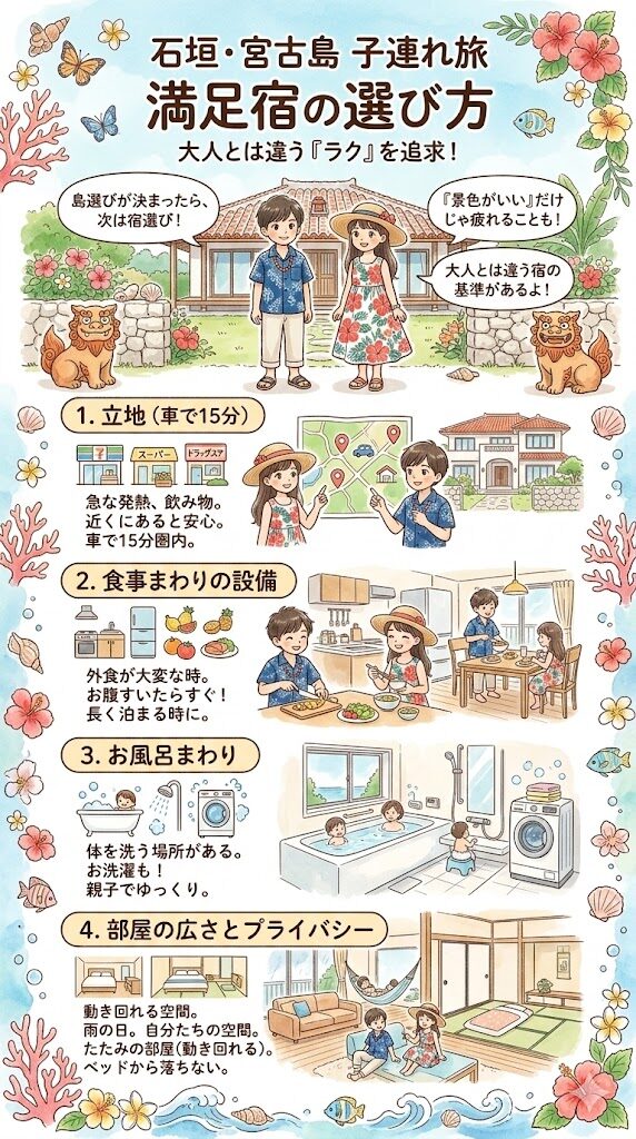 石垣島と宮古島の子連れ宿選びでまず確認したい4つのポイント図解