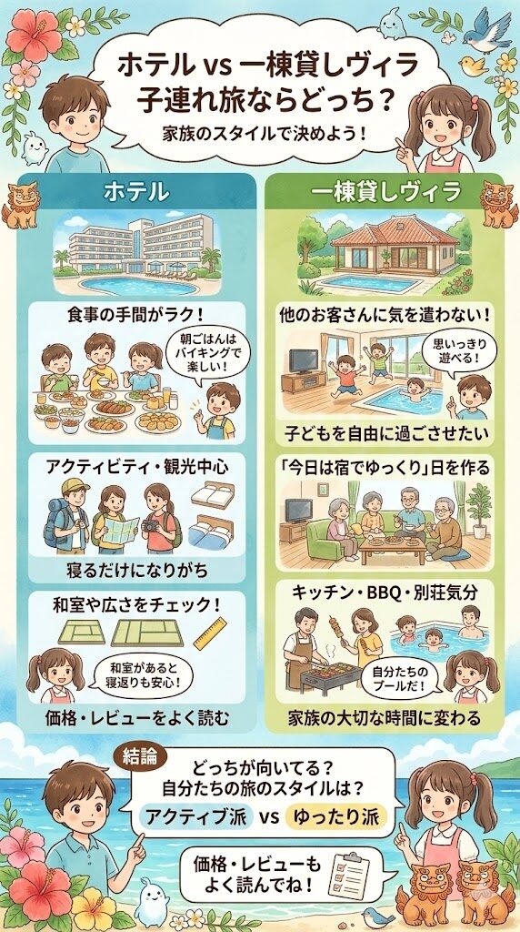 石垣島・宮古島の子連れ旅行で宿を選ぶとき、ホテルと一棟貸しヴィラのどちらが合うかは、家族のスタイルによる図解