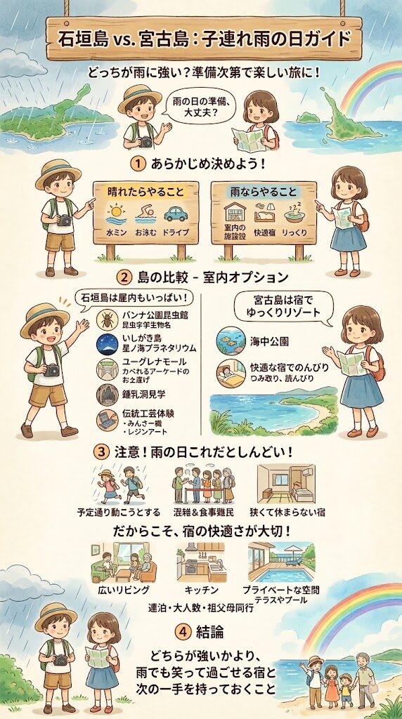 石垣島と宮古島、子連れならどっち？雨の日の過ごし方で比べる図解