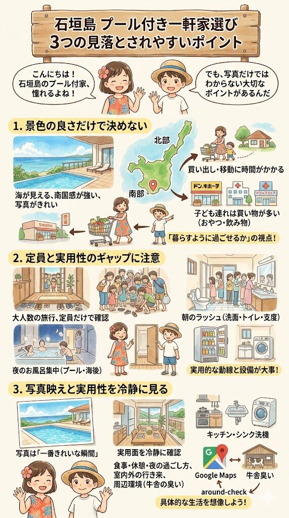 石垣島のプール付き一軒家選びで見落とされやすい3つのポイントの図解